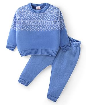 Babyhug Knit Full Sleeves Sweater Set with Aztec Design - Light Blue