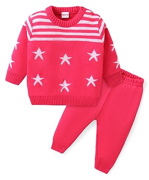 Babyhug Knitted Full Sleeves Sweater Set with Star & Striped Design - Dark Pink