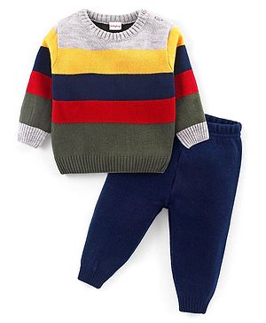 Babyhug Knitted Full Sleeved Pullover Striped Sweater Set - Multicolour