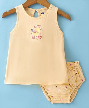 Simply Sinker Cotton Knit Sleeveless Frock with Bloomer & Bird Print - Yellow