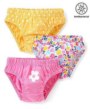 Babyhug 100% Cotton Knit Antibacterial Panties with Floral & Polka Dot Print Pack of 3 - Multicolour