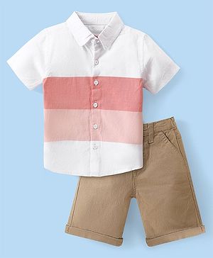 Babyhug Cotton Woven Half Sleeves Striped Shirt & Shorts Set - White & Beige