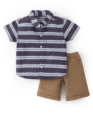 Babyhug Cotton Woven Half Sleeves Striped Shirt & Denim Shorts Set - Blue & Brown