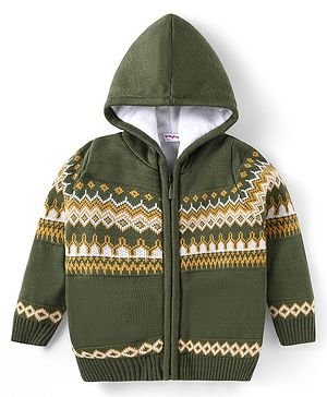 Babyhug Knitted Full Sleeves Front Open Hooded Sweater With Floral Design - Olive Green