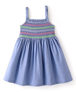Babyhug Chambray  Sleeveless Frock With Smocking Detailing- Blue