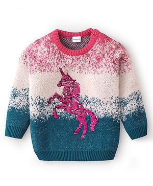 Babyhug Knitted Full Sleeves Pullover Sweater with Colour Block Design & Sequin Horse Embroidery - Pink & Blue