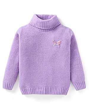 Babyhug Knitted Full Sleeves Turtle Neck Pullover Sweater With Butterfly Patch - Lilac