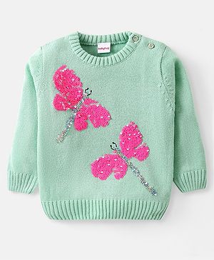 Babyhug Knitted Full Sleeves Pullovers Sweater With Sequin Dragonfly Detailing - Mint