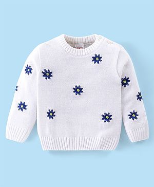 Babyhug Knitted Full Sleeves Pullovers Sweater With Floral Design - Offwhite