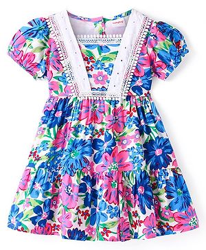 Babyhug Rayon Woven Half Sleeves Frock with Floral Print & Lace Detailing- Multicolour