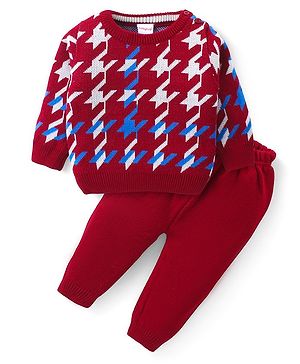 Babyhug Knitted Full Sleeves Sweater Set with Design - Red