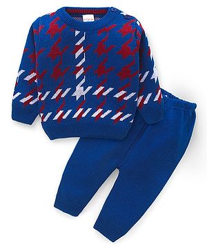 Babyhug Knitted Full Sleeves Sweater Set with Design - Blue
