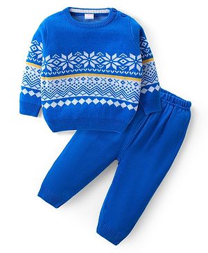 Babyhug Knitted Full Sleeves Sweater Set with Floral Design - Blue
