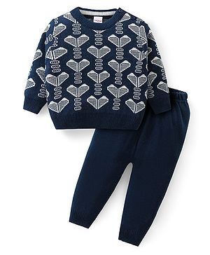 Babyhug Knitted Full Sleeves Heart Designed Sweater Set - Navy Blue