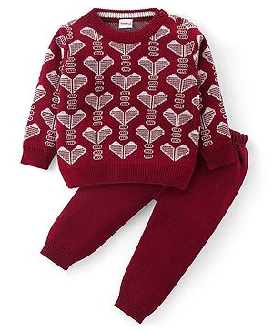Babyhug Knitted Full Sleeves Pullover Sweater & Pant Set With Hearts Design - Red