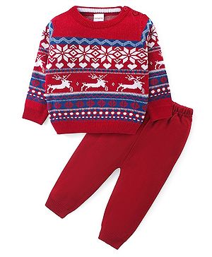 Babyhug Knitted Full Sleeves Sweater Set with Christmas Design - Red