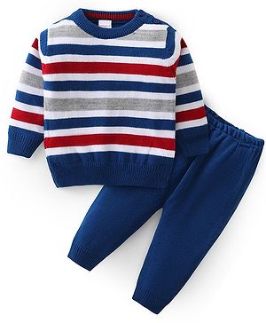 Babyhug Knit Full Sleeves Sweater Set with Stripes Design - Blue