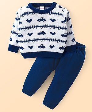 Babyhug Knitted Full Sleeves Sweater Set with Car & Heart Design - White & Navy Blue