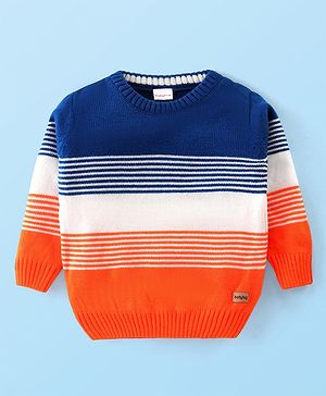Babyhug Knitted Full Sleeves Pullover Sweater with Stripes & Colour Block Design - Blue White & Orange