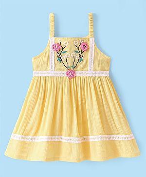 Babyhug Rayon Sleeveless Frock with Floral Embroidery and Lace Detailing - Yellow