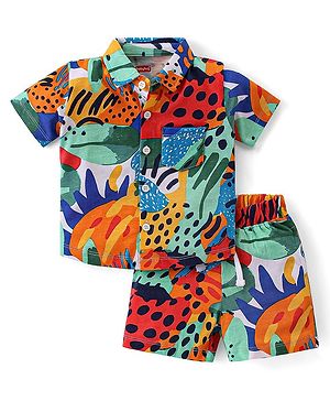 Babyhug Single Jersey Knit Half Sleeves Shirt with Shorts Tropical Print - Multicolor
