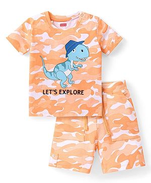 Babyhug Single Jersey Knit Half Sleeves  T-Shirt & Shorts Set with Camouflage & Dino Print - Orange