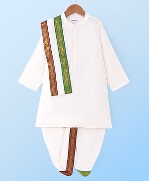 Babyhug Cambric Woven Full Sleeves Solid Dhoti Kurta Set With Angavastram -  Offwhite