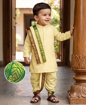 Babyhug Cambric Woven Full Sleeves Solid Kurta With Coordinating Dhoti & Angavastram -  Offwhite