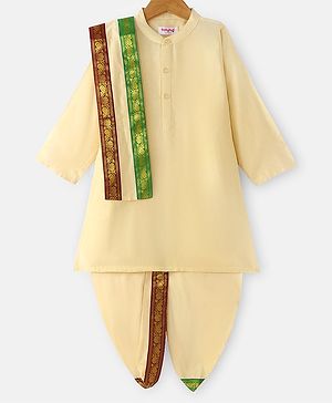 Babyhug Cambric Woven Full Sleeves Solid Kurta With Coordinating Dhoti & Angavastram -  Offwhite