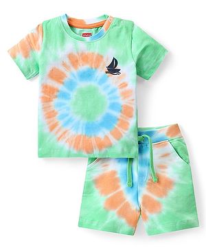 Babyhug Single Jersey Knit Half Sleeves Tie & Dyed  T-Shirt & Short Set with Boat Print - Multicolour