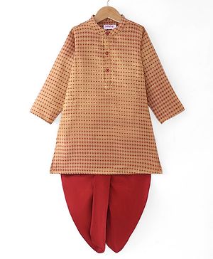 Babyhug Woven  Full Sleeves Dobby Embroidered Kurta & Dhoti Set -  Brown