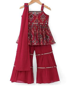 Babyhug Woven  Singlet Sleeves  Mirror Work & Embroidered  Kurti Gharara Set with Dupatta  - Red