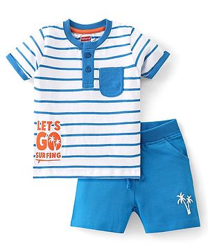 Babyhug Cotton Knit Half Sleeves Striped T-Shirt & Shorts Set With Text Print - Blue