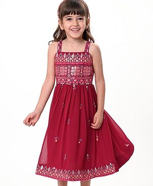 Babyhug Woven Sleeveless Floral Embroidered Ethnic Dress - Hot Pink