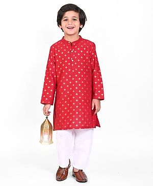 Babyhug Cotton Woven Full Sleeves Floral Foil Printed Kurta - Red
