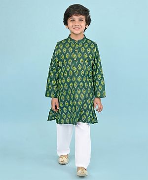 Babyhug Cotton Woven Full Sleeves Printed Kurta Pyjama Set -Green