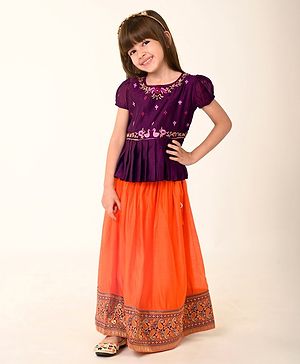 Babyhug Woven Short Sleeve Floral Embroidered Pattu Pavada Choli Lehenga Set with Foil Print - Orange