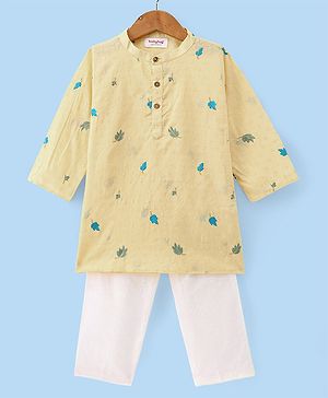 Babyhug Cotton Woven Cambric Full Sleeves Embroidered Kurta Pyjama Set - Yellow