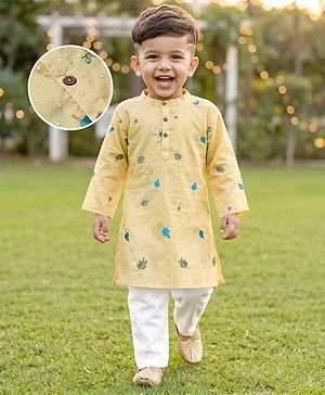 Babyhug Cotton Woven Cambric Full Sleeves Embroidered Kurta Pyjama Set - Yellow