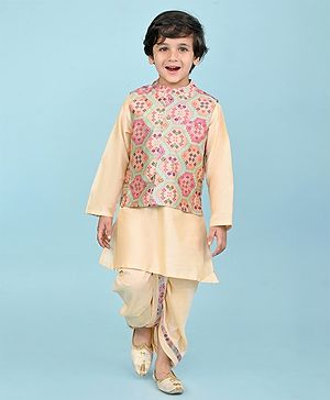 Babyhug Woven Full Sleeves Kurta Dhoti Set with Printed Jacket - Peach