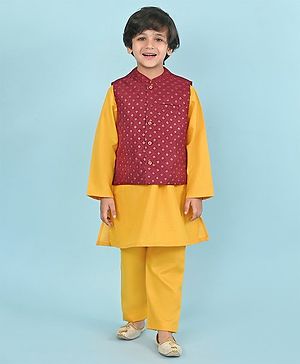 Babyhug Woven Full Sleeves Kurta & Pyjama Set With Embroidered Waistcoat - Mustard