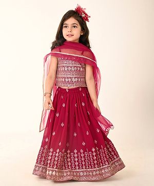 Babyhug Woven Sleeveless Embroidered Choli Lehenga and Dupatta Set - Hot Pink