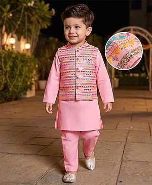 Babyhug Woven Full Sleeves Kurta &  Pyjama Set With Embroidered Waistcoat - Pink
