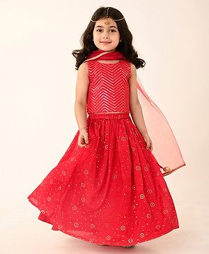 Babyhug Woven Sleeveless Embroidered Choli Lehenga & Dupatta Set- Red