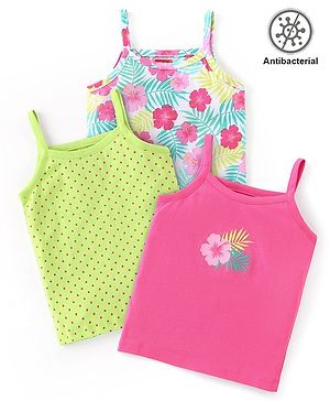 Babyhug 100% Cotton Knit Sleeveless Antibacterial Slips with Floral & Polka Dot Print Pack of 3 - Multicolour