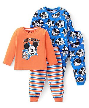 Babyhug Disney Single Jersey Knit Full Sleeves Night Suits with Stripes & Mickey Mouse Graphics Pack of 2 - Orange & Blue