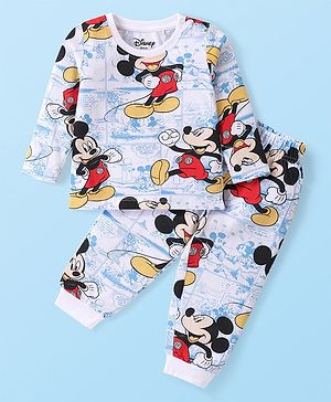 Babyhug Disney Cotton Knit Full Sleeves Night Suit with Mickey Mouse Graphics - White