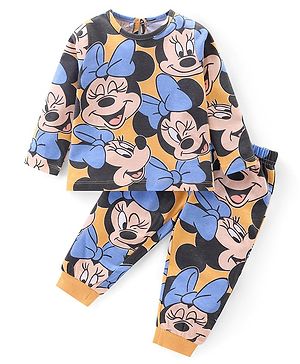 Babyhug Disney Single Jersey Knit Full Sleeves Night Suit With Minnie Mouse Print - Orange