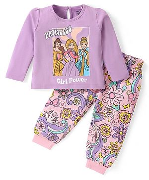 Babyhug Disney Single Jersey Full Sleeves Night Suit with Princess & Floral Print - Purple
