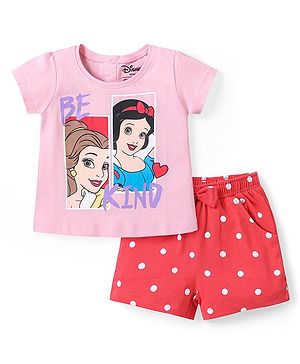 Babyhug Disney Cotton Knit Half Sleeves Night Suit With Disney Princess Print - Pink